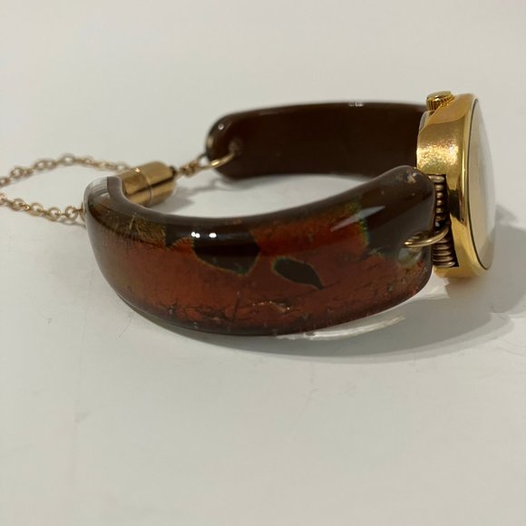 Mocha Brown Watch Fused Dichroic Glass Band Oval Gold Metal Ladies Wristwatch main image 8